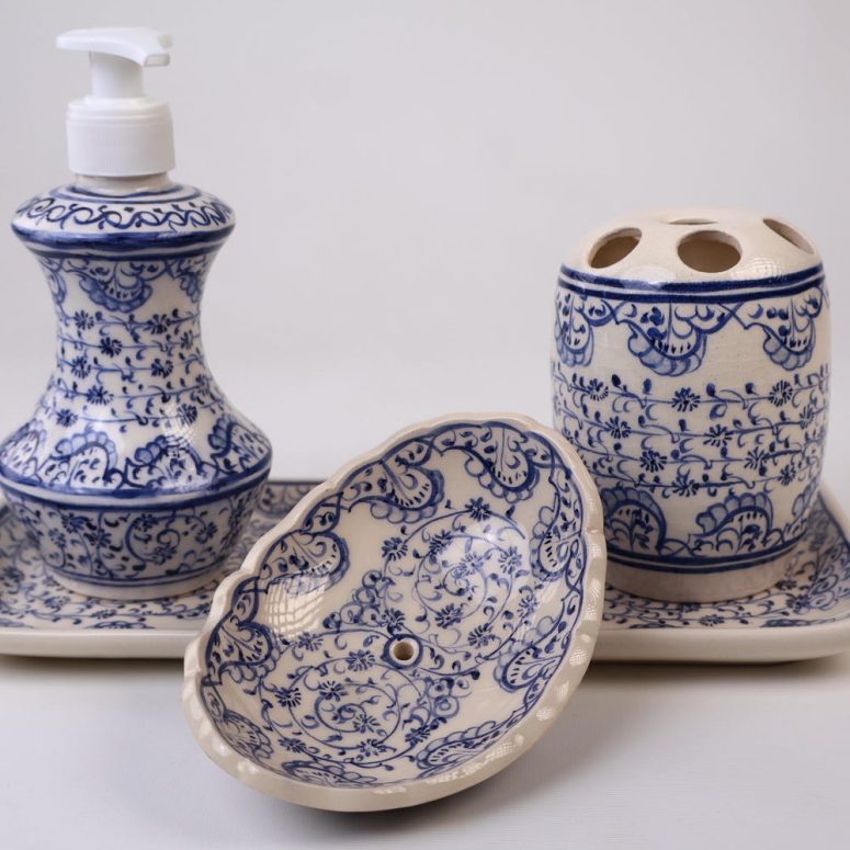 Bathroom Accessories Set with Blue Goldenhorn Design, Liquid Soap Dispenser &Pump, Toothbrush Holder, Soap Dish, Lotion Dispenser, Bath Gift