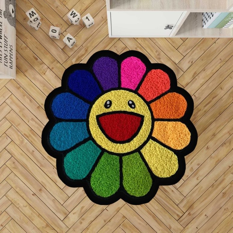 takashi murakami flower rug, takashi smiley face rug,takashi murakami rug, rainbow flower rug, custom rug, living room rug, area rug