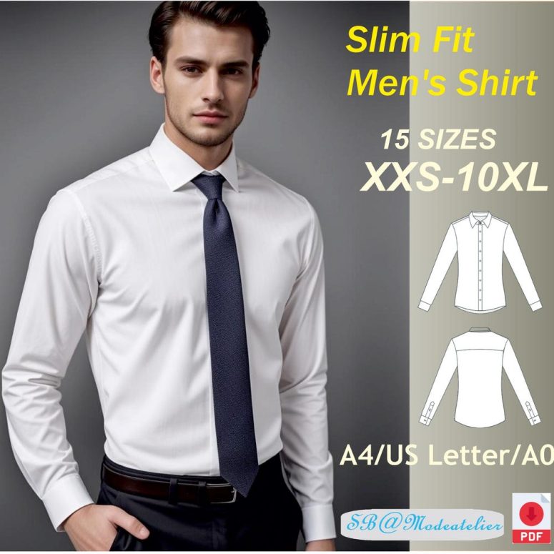 Slim Fit Men's Shirt Sewing Pattern/Men's Office Shirt/ Men Size XXS-10XL /Trendy Shirt /Men's Plus Size  Pattern/Men's Slim Fit Dress Shirt