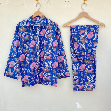 Blue Indian PJ Set,100% Cotton Block Print Pajama Set, Night Wear, Bridesmaid Pajama Set, Womens pajamas Set Cotton Pants Shirt sets
