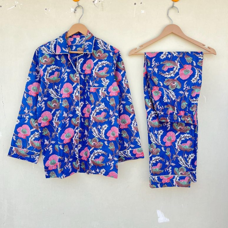 Blue Indian PJ Set,100% Cotton Block Print Pajama Set, Night Wear, Bridesmaid Pajama Set, Womens pajamas Set Cotton Pants Shirt sets