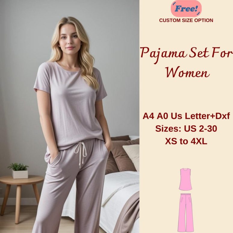 Women's Nightwear Set Sewing Pattern, Pajama Set For Women, Nightwear for Women, Women Pajamas Pattern, Tunic Top, Wide Leg trousers, XS-4XL