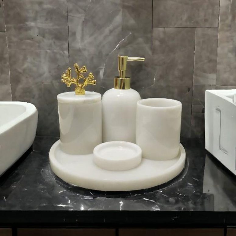 Natural marble bathroom set, 5 pieces set,white luxury marble bath set,pearl white, home gifts, gifts for her