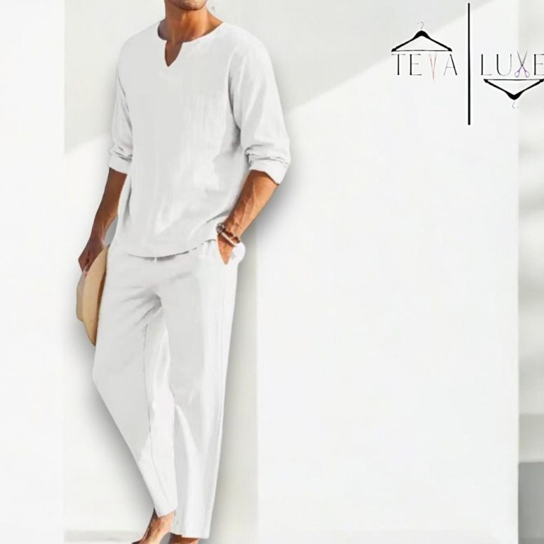 Men's Tracksuit Set – Stylish V-Neck Home Shirt and Trousers with Long Sleeves