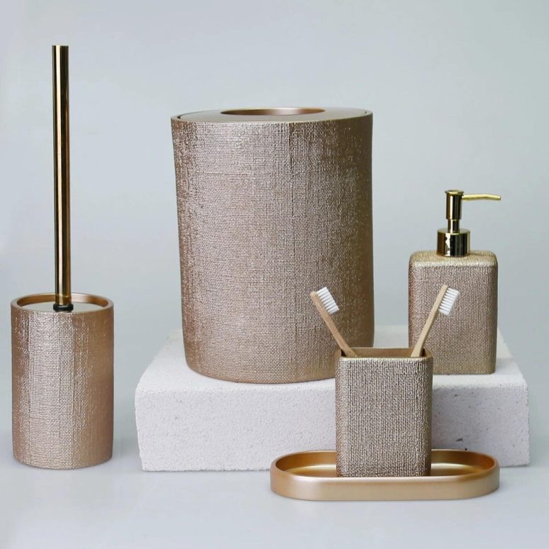 Linen Design Bathroom Accessory Sets in Taupe Color / Bathroom Set with Trash can, Toilet brush, Soap Dispenser, Toothbrush Holder, Tray