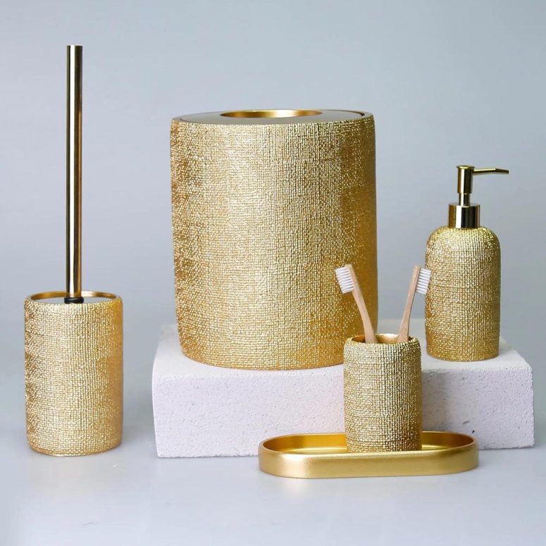 Natural Luxury Bathroom Accessories Sets with Trash Can, Toilet Brush, Soap Dispenser, Toothbrush Holder, Tray / Gold Bathroom Accessories