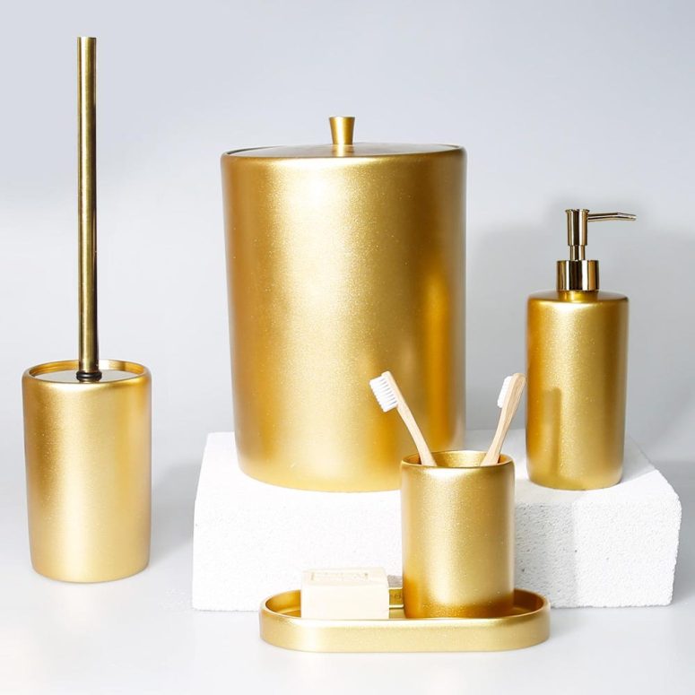 Victoria Bathroom Accessories Sets in Gold Color / Trash Can, Toilet Brush, Soap Dispenser, Toothbrush Holder, Tray / Modern Bath Design