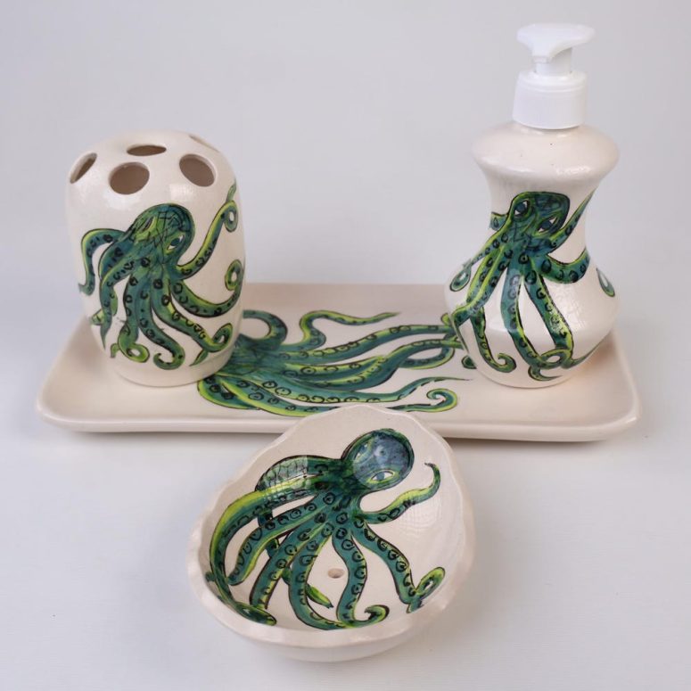 Bathroom Accessories Set with Green Octopus Design, Liquid Soap Dispenser &  Pump, Toothbrush Holder, Soap Dish, Lotion Dispenser, Bath Gift