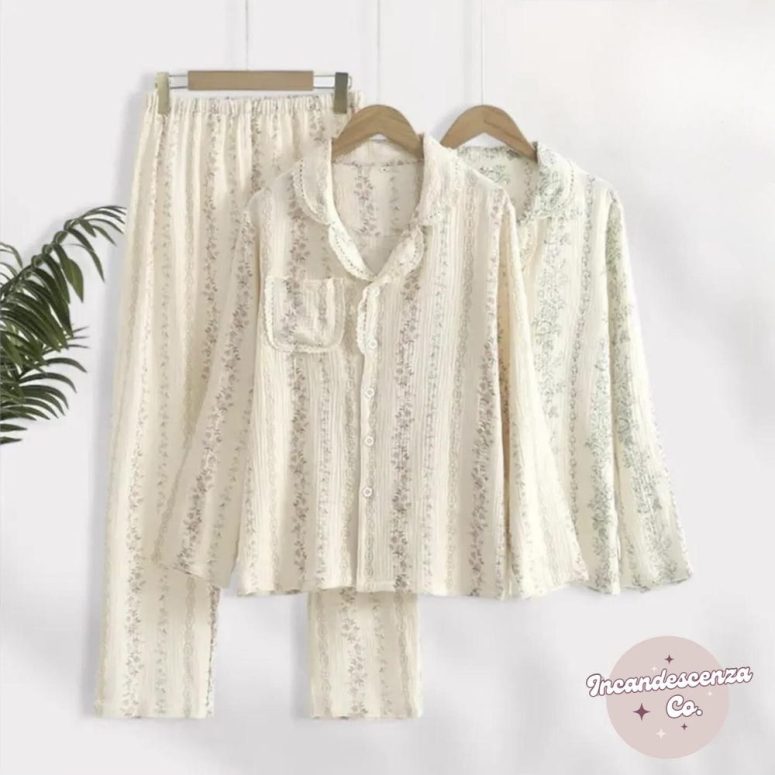 Cute Winter Pyjamas Women Floral Cotton Pyjamas Comfy Loungewear Women Flower Cotton Pyjamas Winter Cotton Long Pyjamas Winter Loungewear