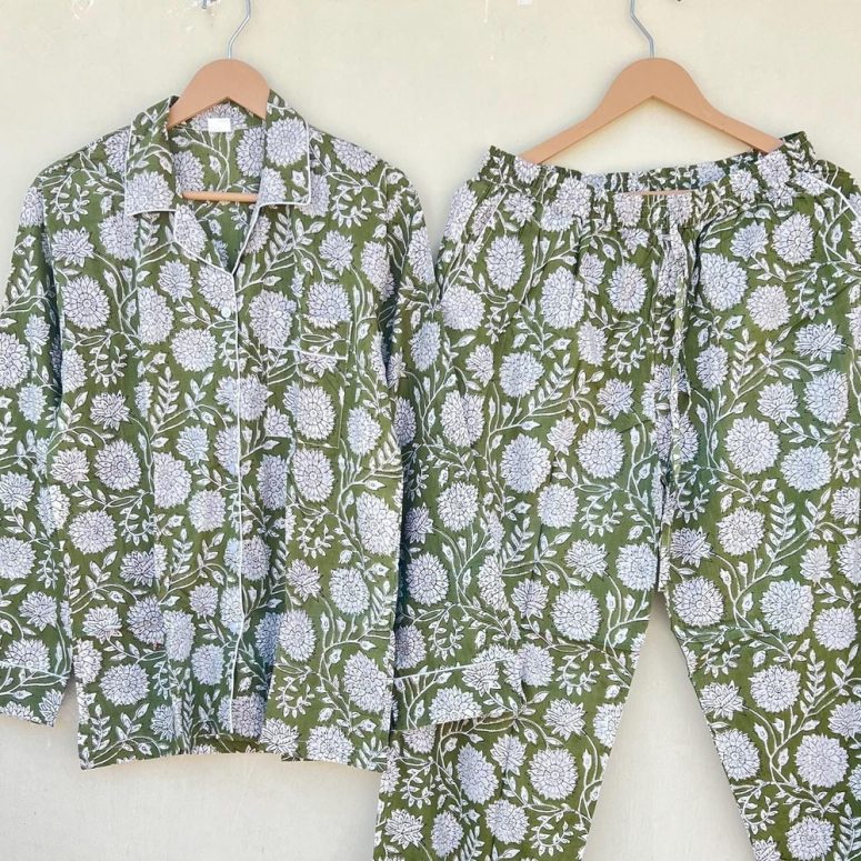 Indian PJ Set, 100% Cotton Block Print Pajama Set, Night Wear, Bridesmaid Pajama Set, Women's Pajamas Set, Cotton Pants And Shirt