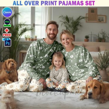 Canva AOP Family Pajamas Set Mockup, All Over Print Pajamas Set Template, Loungewear Mockup, PJ Set Mock-Up, Mom, Dad & Daughter Nightwear