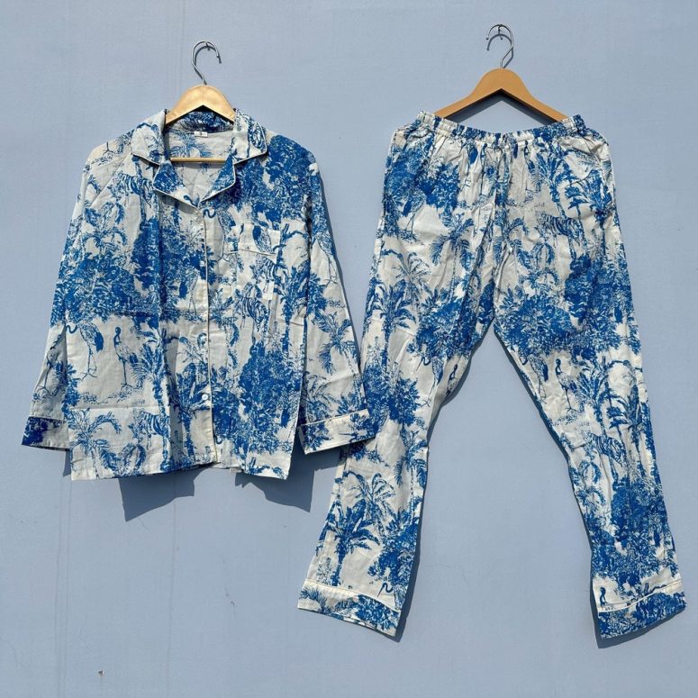 Block Printed Cotton Pajamas Set, Shirt And Trouser Pajama Set, Soft Cotton Lounge Wear, Floral Print PJ Set, Women's Pajama's