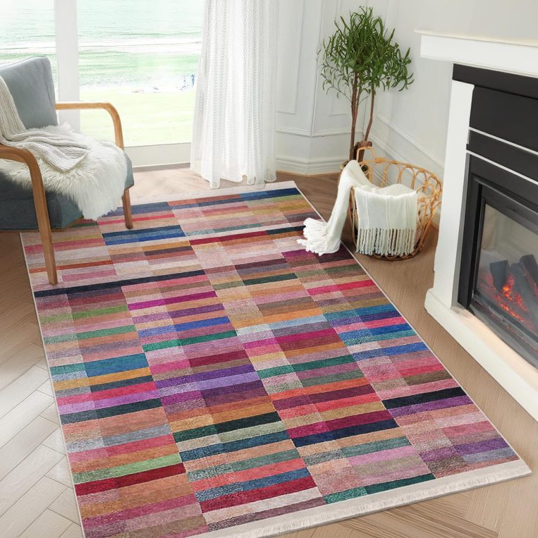 Colorful Blocks Accent Rug - Vibrant Washable Carpet -Geometric Runner-Multicolor Skid Proof Floor Mat-Pink Throw Rug-Gift Area Rug For Home