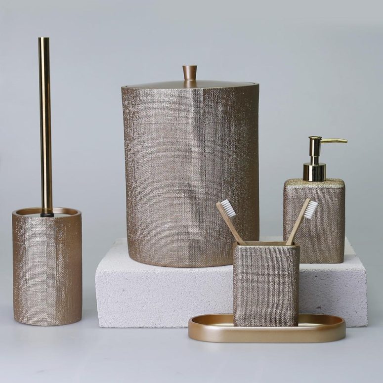 Linen Luxury Taupe Bathroom Accessory Set / 5 Piece Resin Set with Trash Can, Toilet Brush, Soap Dispenser, Toothbrush Holder, Tray
