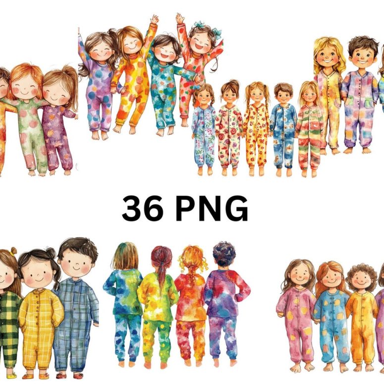 Kids in Colorful Pajamas Clipart - 36 PNG, individual images on transparent background, sublimation