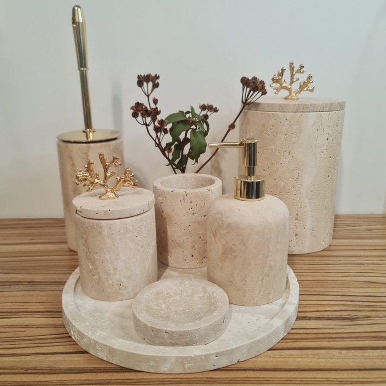 7 Pieces Travertine Luxury Marble Stone Bathroom Set