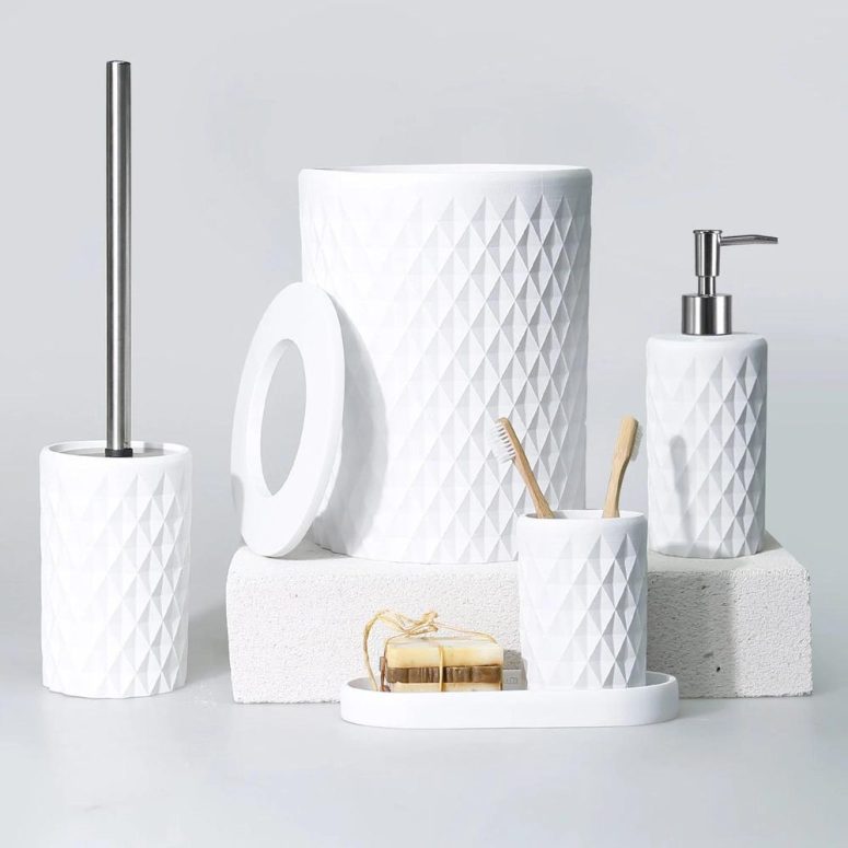 Glowing Luxury White Bathroom Accessories Set / 5-Pieces Bath Set with Trash Bin, Toilet Brush, Soap Dispenser, Toothbrush Holder, Tray