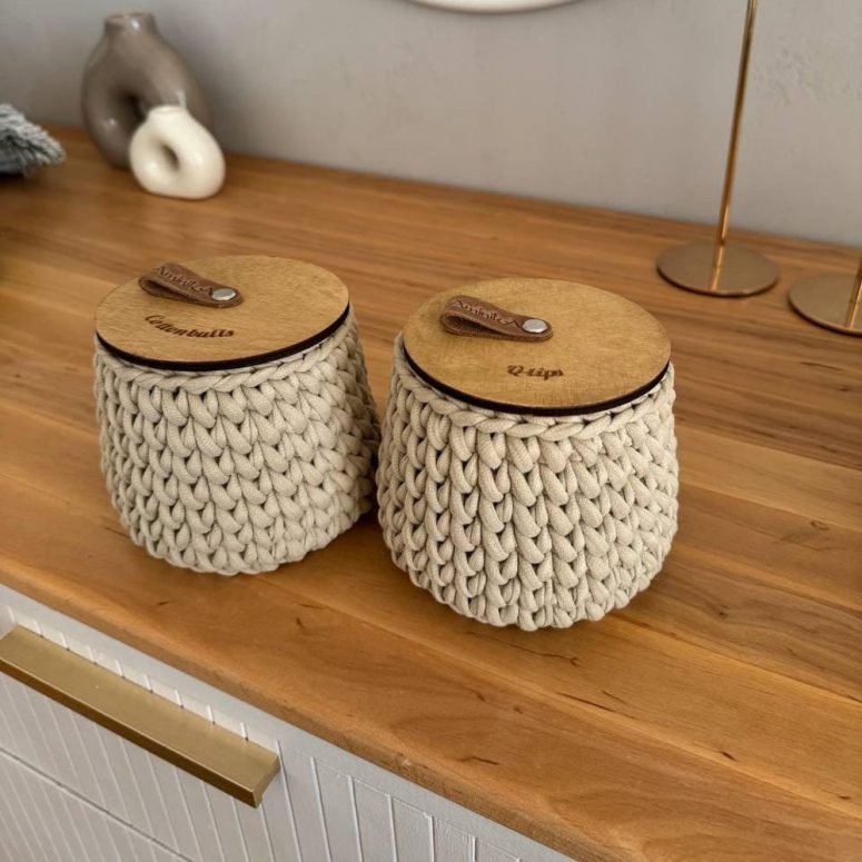Qtip and cotton ball holder, bathroom storage, boho bathroom container, cotton bud storage, baskets with lid, bathroom accessories