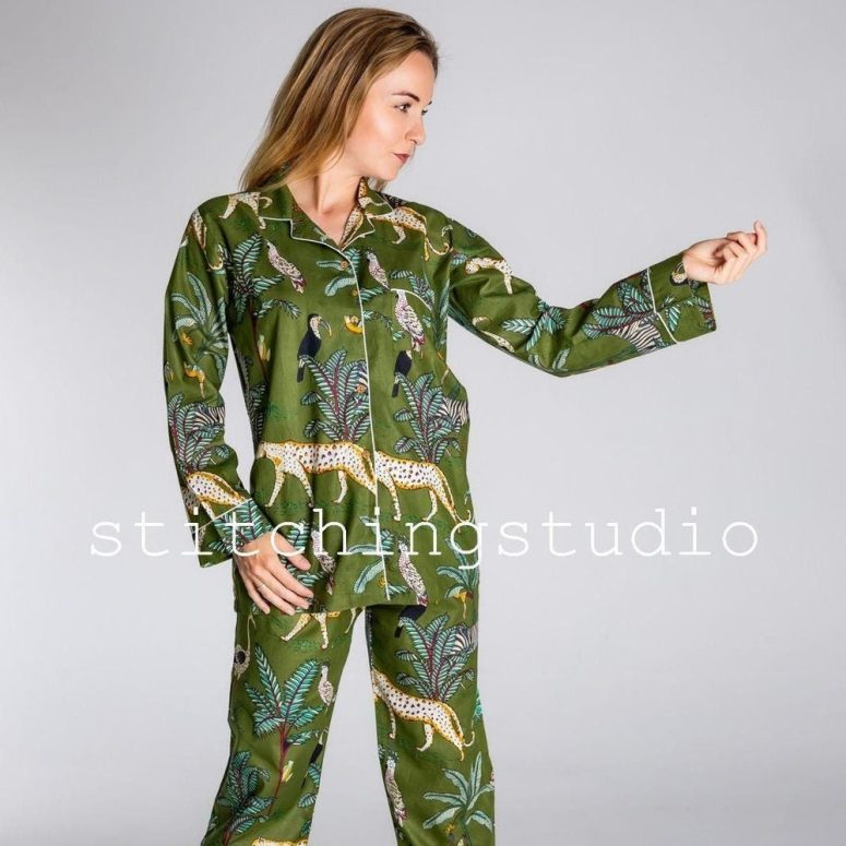 Indian 100% Jungle cotton pyjamas, Womens cotton pj's, Soft cotton pajama Set trousers shirts, Unique printed pyjama set, Block Print pj set