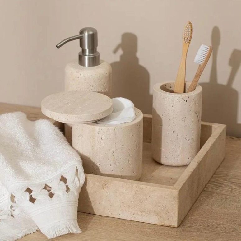 LUNIS Travertine Bathroom Set - Refillable 8oz Soap Dispenser, Soap Dish, Toothbrush Holder & Storage Jar with Vanity Tray -  Marble Stone