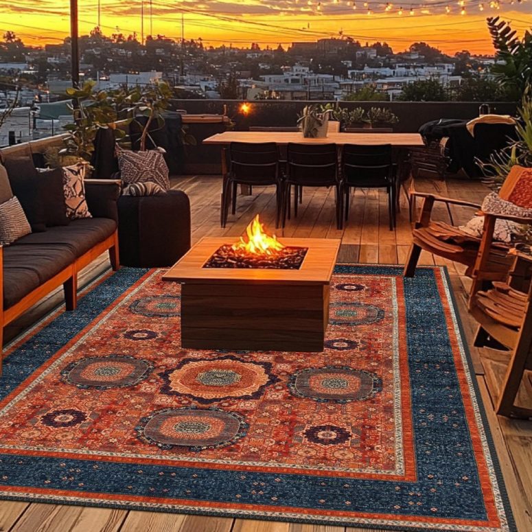 Cozy Outdoor Carpet, Elegant Patio Perfect Rug, Rich Red and Blue Patterns for Rooftop Décor, Perfect for Evening Gatherings