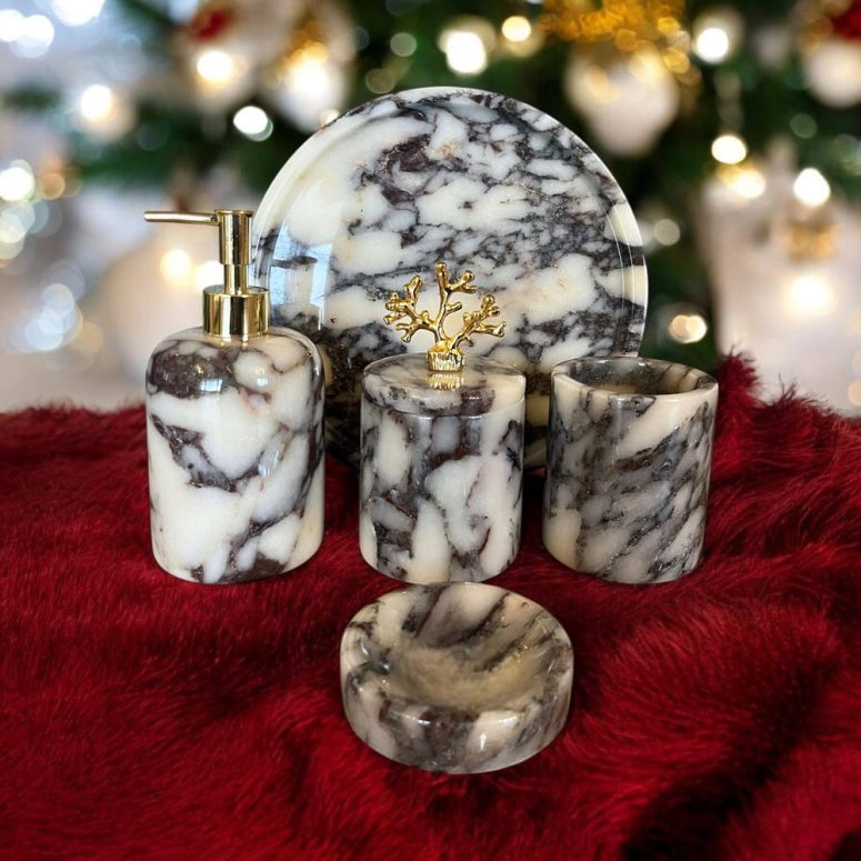 Marble Bathroom Set & Accessories 5 Pieces, Luxury Home Decor, Marble Bathroom Set, Calacatta Viola Marble / White Marble Set, Home Gifts