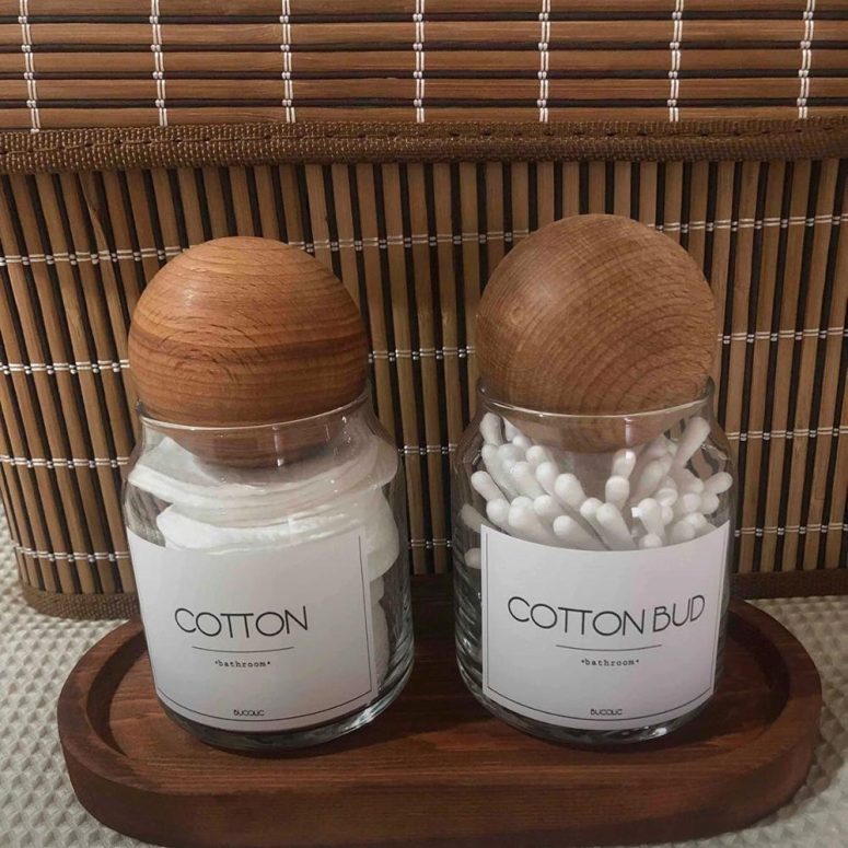 Bathroom Organizers Set / Cotton Bud Holder/Bathroom Organizer/Glass with wooden stand/Storage for cotton wool pads / Makeup pad holder