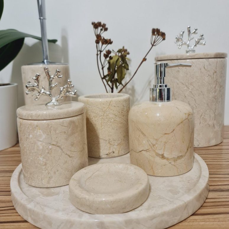 7 Pieces Beige Luxury Natural Marble Stone Bathroom Set