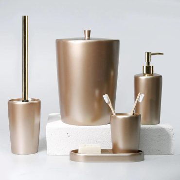 Conical Luxury Taupe Bathroom Accessories Set / 5 Pieces Bath Set with Trash Bin, Toilet Brush, Soap Dispenser, Toothbrush Holder, Tray