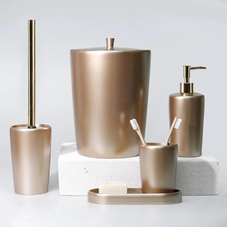 Conical Luxury Taupe Bathroom Accessories Set / 5 Pieces Bath Set with Trash Bin, Toilet Brush, Soap Dispenser, Toothbrush Holder, Tray
