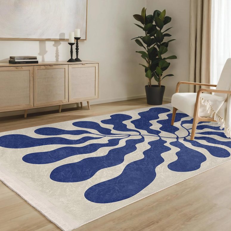 Matisse Leaf Accent Rug - Picnic Skid Proof Rug - Botanical Washable Rug - Floral Aesthetics Runner -BlueEntryway Mat-Luxury Abstract Carpet