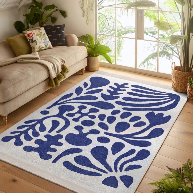 Matisse Leaf Area Rug - Navy Blue Non Slip Rug-Botanical Washable Throw Rug-Minimal Cute Vibes Runner-WhiteHallway Mat-Fancy Interior Carpet