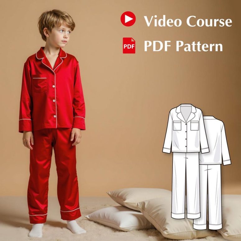 Kids Pajama Sewing Pattern with Video Tutorial, Woven Button-Down PJ Set, Lapel Collar DIY Sleepwear for Boys and Girls, PDF Pattern