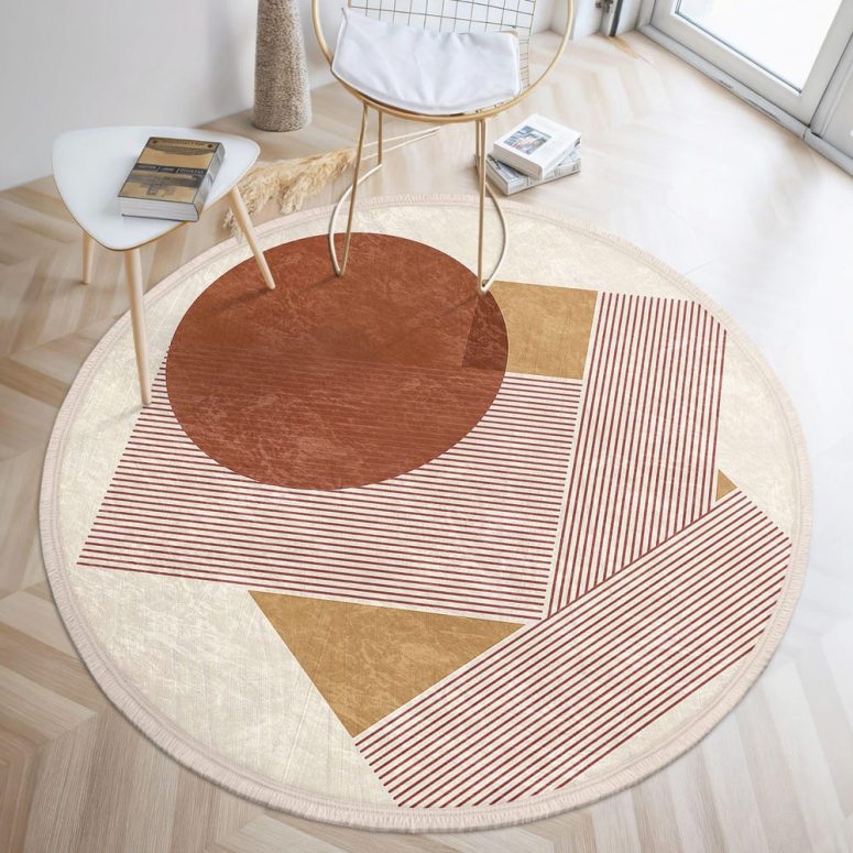 Geometric Earth Tones Round Rug - Striped Triangles Abstract Round Carpet - Warm Circle Mat - Modern Accent Rug - Living Room Round Area Rug