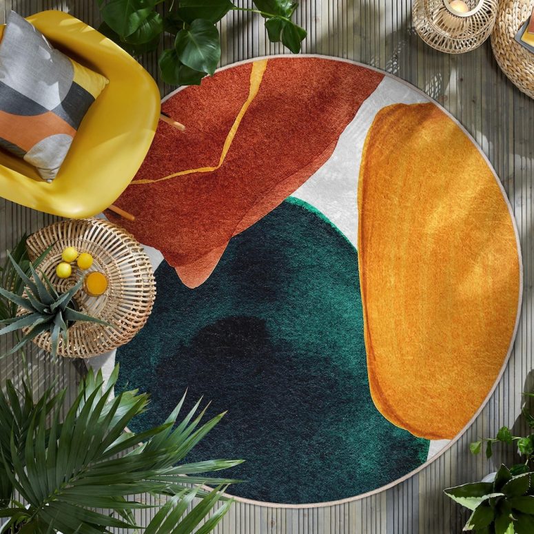 Abstract Colorblocks Round Rug - Geometric Shapes Artistic Circle Carpet-Bold Multicolor Accent Rug-Modern Teal Oval Mat-Anti-Slip Round Mat