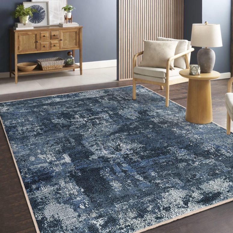 Blue Textured Abstract Area Rug - Slate Marbled Patterns Accent Carpet - Stylish Living Room Rug-Navy Washable Mat-Anti-Slip Modern Area Rug