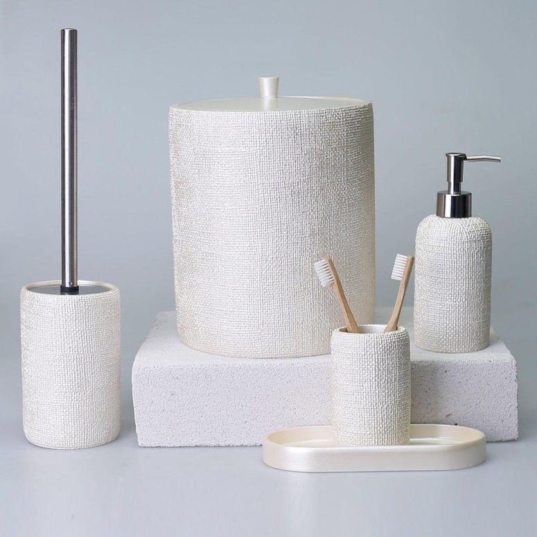 Natural Bathroom Accessories Sets in Pearl Color / Trash Can, Toilet Brush, Soap Dispenser, Toothbrush Holder, Tray