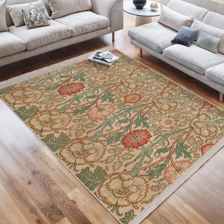 William Morris Artsy Scetch Rug-Vintage Flower Rose Beige Artisan Carpet-Rustic Washable Throw Rug-Botanical Illustration Art Doorway Runner