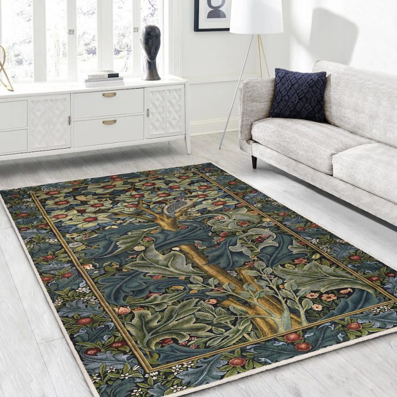 William Morris Tree of Life Design Rug-Vintage Antislip Carpet-Woodpecker Washable Throw Rug - Giant Leaves Art Painting Blue Doorway Runner