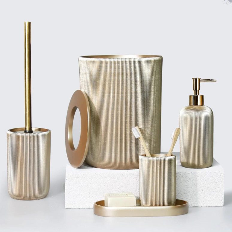 Lydia 5 Pieces Bathroom Set in Taupe Color with Dustbin, Toilet Brush, Soap Dispenser, Toothbrush Holder, Tray