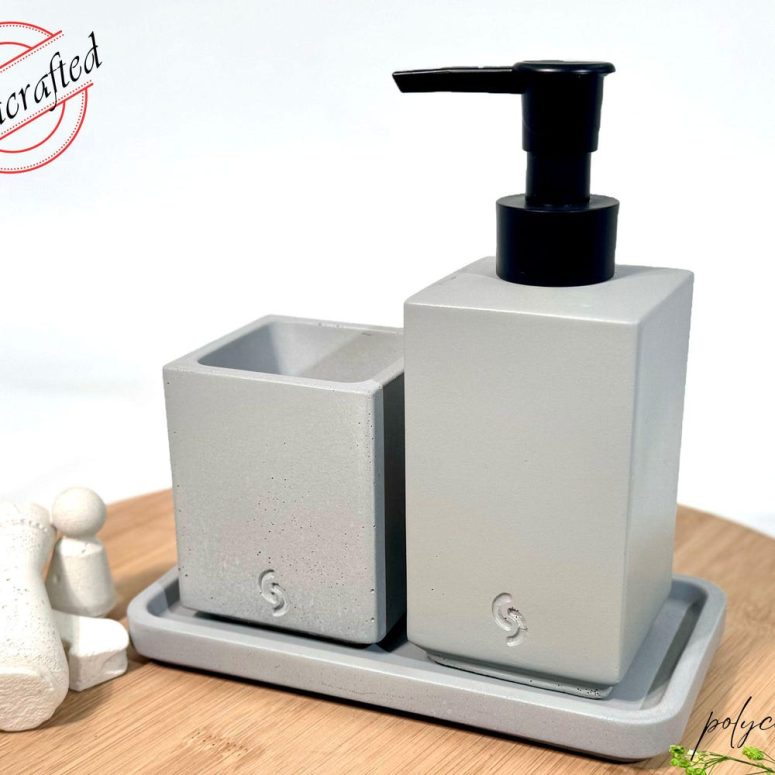Minimalist Bathroom Trio Set, Concrete Soap Dispenser, Toothbrush Holder & Tray Set, Bathroom Accessories, Handmade Modern Kitchen Decor