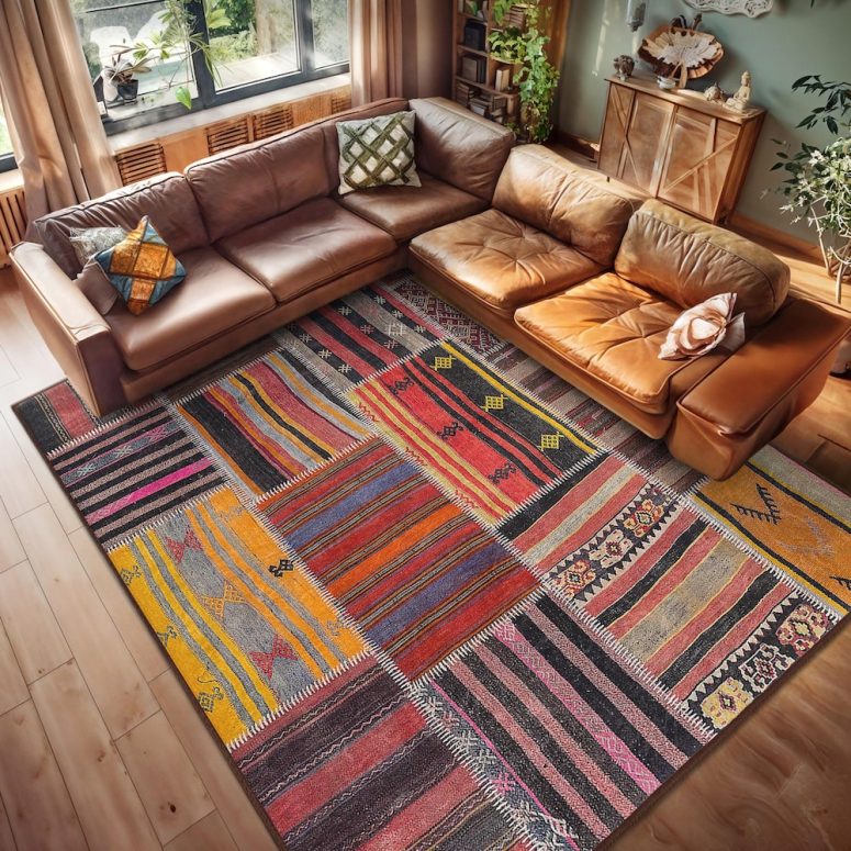 Striped Patchwork Area Rug - Vibrant Geometric Accent Carpet -Multicolor Kilim Throw Rug-Bohemian Style Area Mat-Eclectic Living Room Runner
