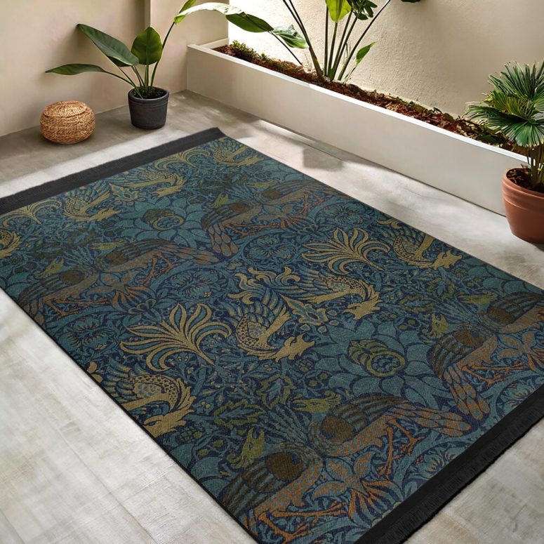 Victorian Blue Morris Art Area Rug-Gothic Peacock Accent Carpet-Medieval Birds Oil Paint Mat-William's Whimsical Blue Art Nouveau Runner