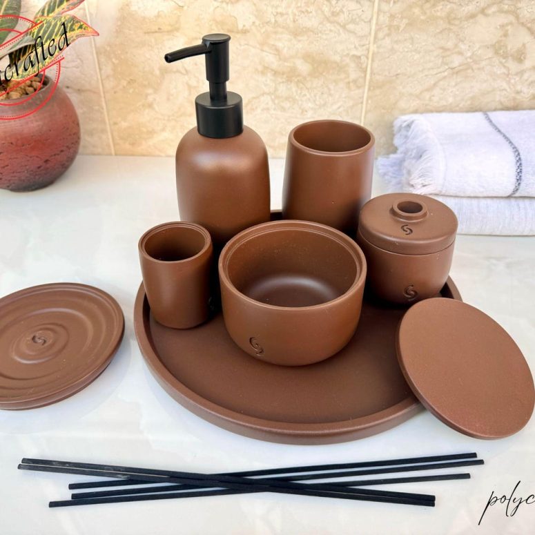 Brown Bathroom Set, 7 Piece Concrete Bath Accessories, Soap Dispenser Bottle, Toothbrush Holder, Round Tray, Cotton Jar, Scent Diffuser