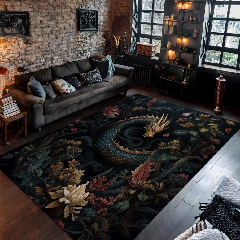 Dragon Rug For Goth Room, Dark Academia Magical Dragon Rug, Cottegore Home Decor, Gothic Rug For Witchy Room, Fairycore Rug,