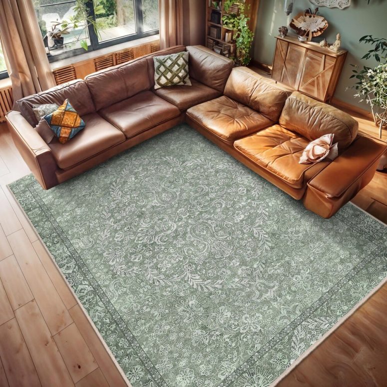 Green Floral Accent Rug - Vintage Lattice Area Rug-Botanical Anti Slip Carpet-Sage Living Room Mat-Intricate Square Rug-Elegant Floor Runner