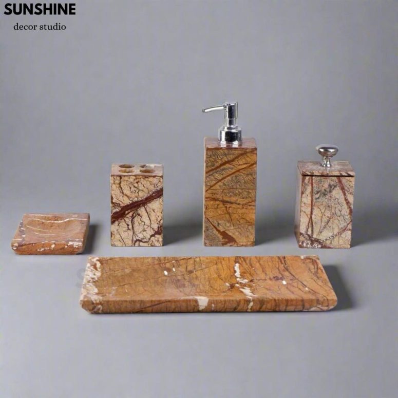 Luxurious Brown Marble Bathroom Set, Brown Toothbrush Holder Soap Dispenser Bathroom Accessories, Bathroom Storage Set of Marble