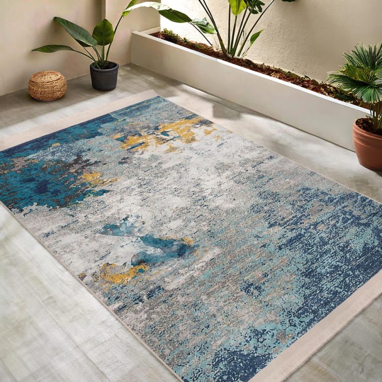 Watercolor Abstract Ocean Accent Rug -Blue Yellow Blended Area Mat-Contemporary Washable Carpet-Modern Artistic Floor Runner-Living Room Mat