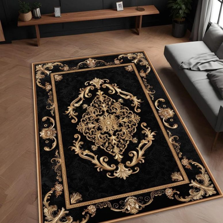 Luxury Rug Black Gold - Baroque Style Ornate Carpet - Elegant Vintage Design - Soft Washable Area Mat for Living Room & Dining Room