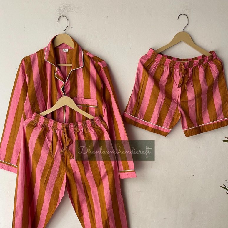3 Pieces Pyjama Sets, Cotton Pink & Brown Striped Summer PJs, Unisex Wear, Cotton Boho Hippie Style ,3 Piece PJ Set Women's Night Suit,